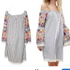 Philosophy Embroidered Striped Fringe Trim Ballon Sleeve Shift Dress Size L